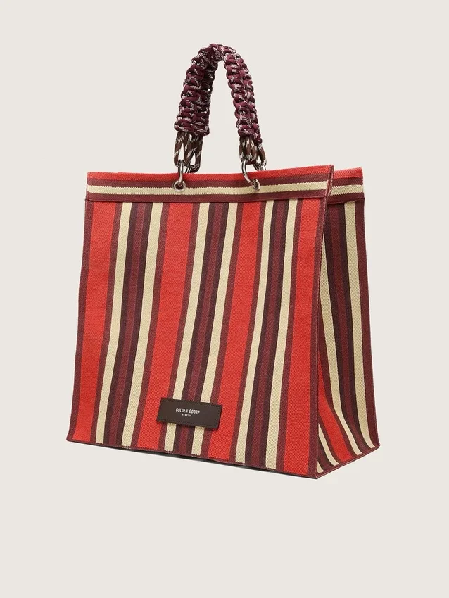 Borsa Spiaggina a righe nei colori rosso, crema e bordeaux