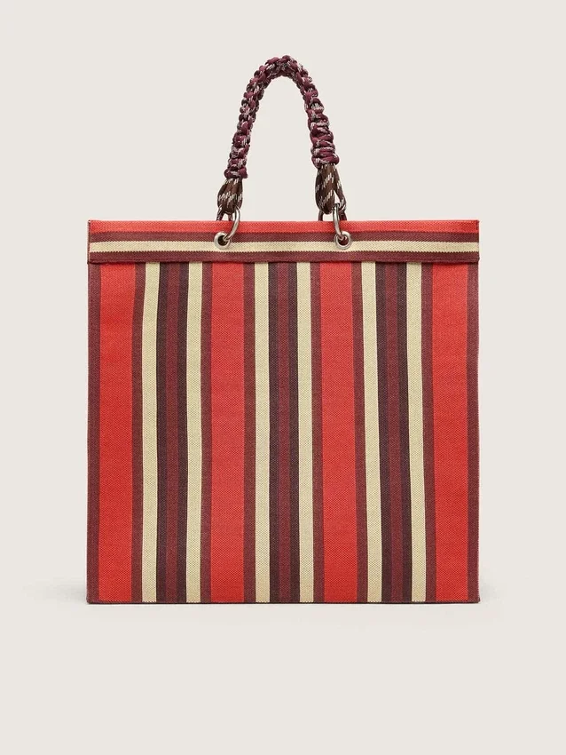 Borsa Spiaggina a righe nei colori rosso, crema e bordeaux