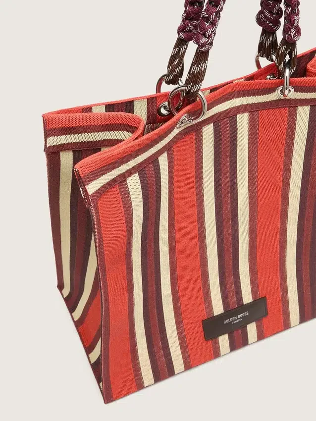 Borsa Spiaggina a righe nei colori rosso, crema e bordeaux