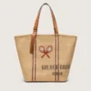 Borsa tote “24.7” in rafia naturale e pelle marrone con dettagli in metallo dorato