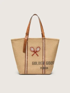 Borsa tote “24.7” in rafia naturale e pelle marrone con dettagli in metallo dorato