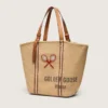 Borsa tote “24.7” in rafia naturale e pelle marrone con dettagli in metallo dorato