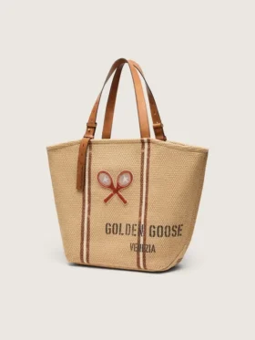 Borsa tote “24.7” in rafia naturale e pelle marrone con dettagli in metallo dorato