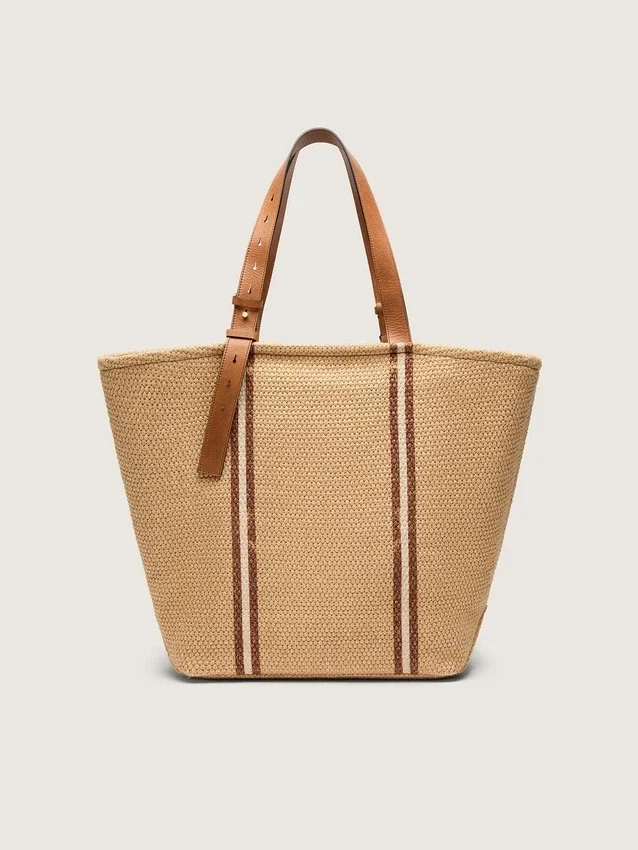 Borsa tote “24.7” in rafia naturale e pelle marrone con dettagli in metallo dorato