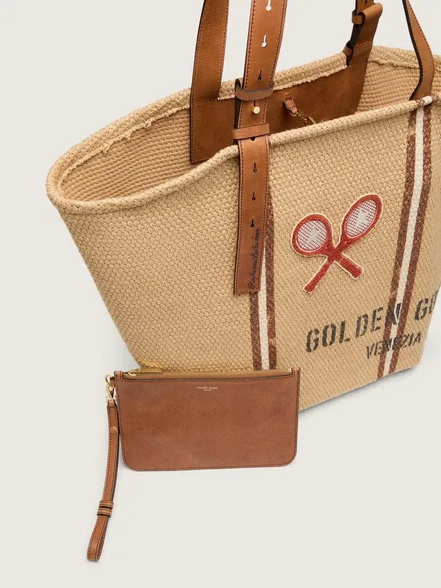 Borsa tote “24.7” in rafia naturale e pelle marrone con dettagli in metallo dorato