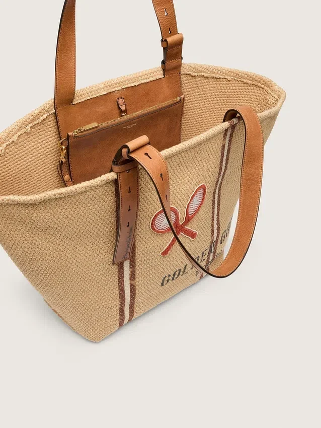 Borsa tote “24.7” in rafia naturale e pelle marrone con dettagli in metallo dorato