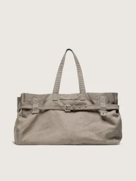 Borsa tote in tela antracite con ricami e dettagli in argento anticato
