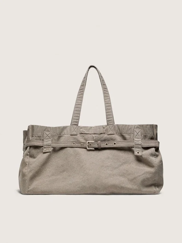 Borsa tote in tela antracite con ricami e dettagli in argento anticato