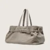 Borsa tote in tela antracite con ricami e dettagli in argento anticato