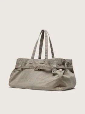 Borsa tote in tela antracite con ricami e dettagli in argento anticato