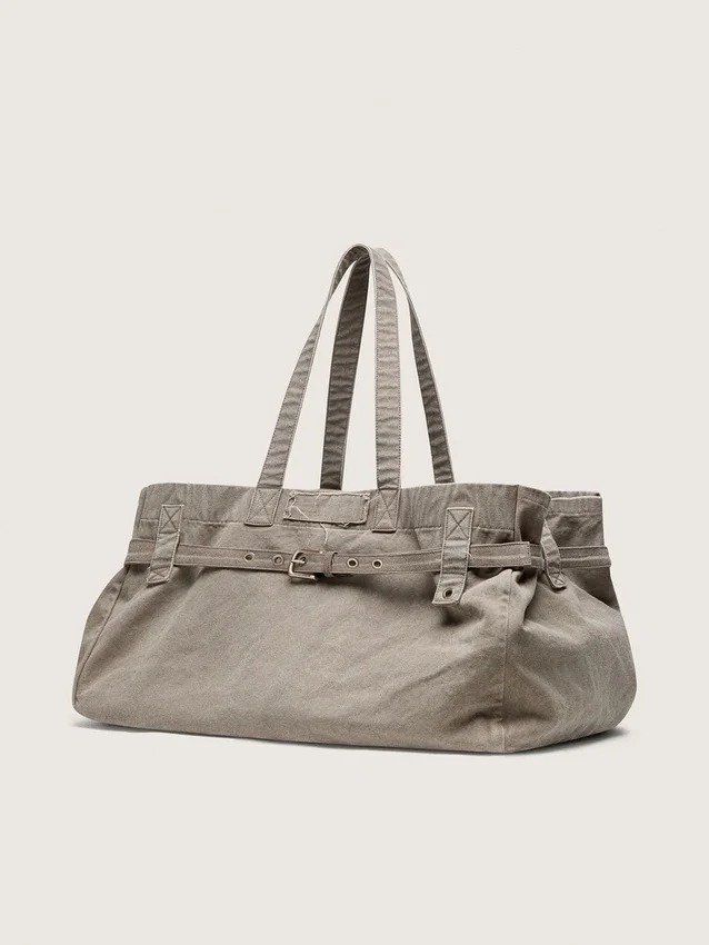 Borsa tote in tela antracite con ricami e dettagli in argento anticato