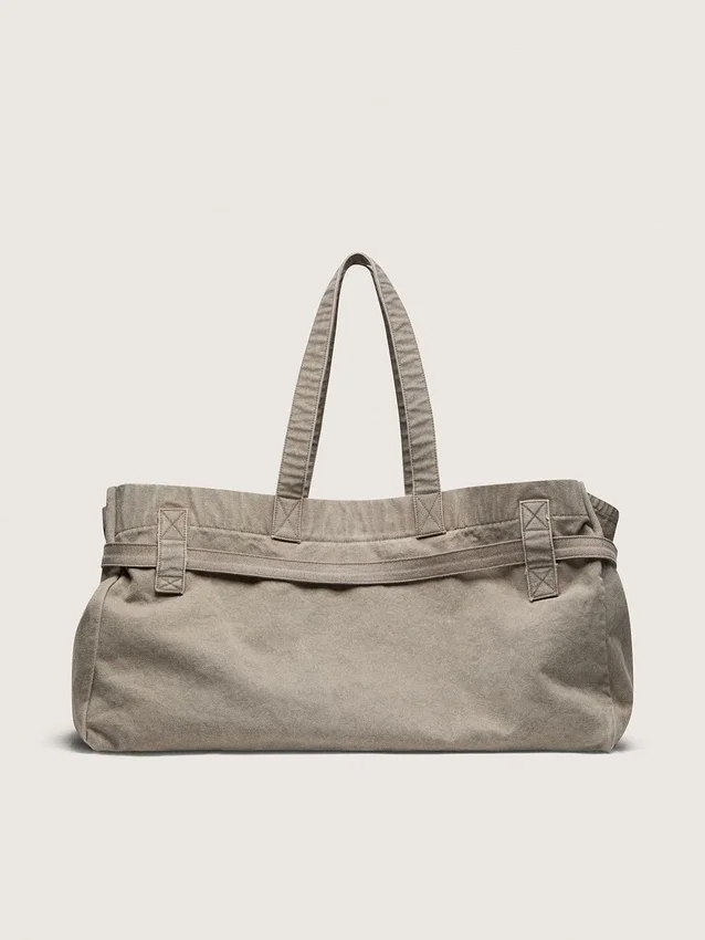 Borsa tote in tela antracite con ricami e dettagli in argento anticato