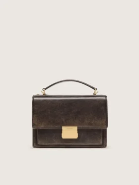 Borsa Venezia in pelle goffrata marrone scuro vintage con dettagli dorati