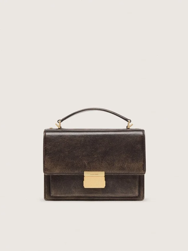 Borsa Venezia in pelle goffrata marrone scuro vintage con dettagli dorati