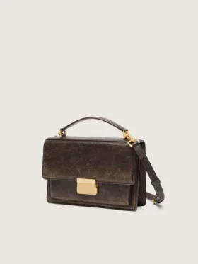 Borsa Venezia in pelle goffrata marrone scuro vintage con dettagli dorati