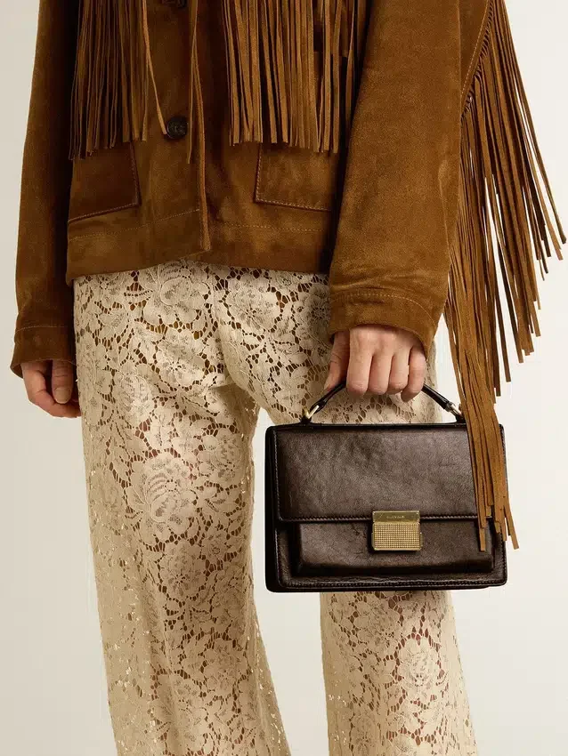 Borsa Venezia in pelle goffrata marrone scuro vintage con dettagli dorati