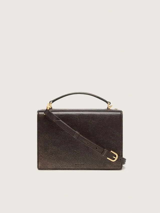 Borsa Venezia in pelle goffrata marrone scuro vintage con dettagli dorati