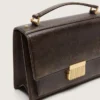 Borsa Venezia in pelle goffrata marrone scuro vintage con dettagli dorati