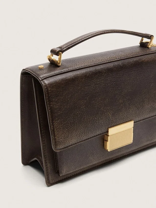 Borsa Venezia in pelle goffrata marrone scuro vintage con dettagli dorati