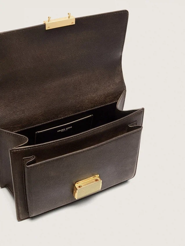 Borsa Venezia in pelle goffrata marrone scuro vintage con dettagli dorati