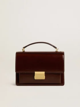 Borsa Venezia in pelle laminata marrone scuro con dettagli dorati