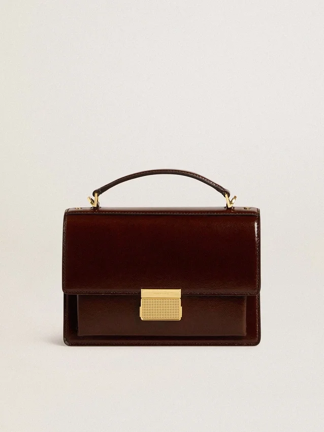 Borsa Venezia in pelle laminata marrone scuro con dettagli dorati
