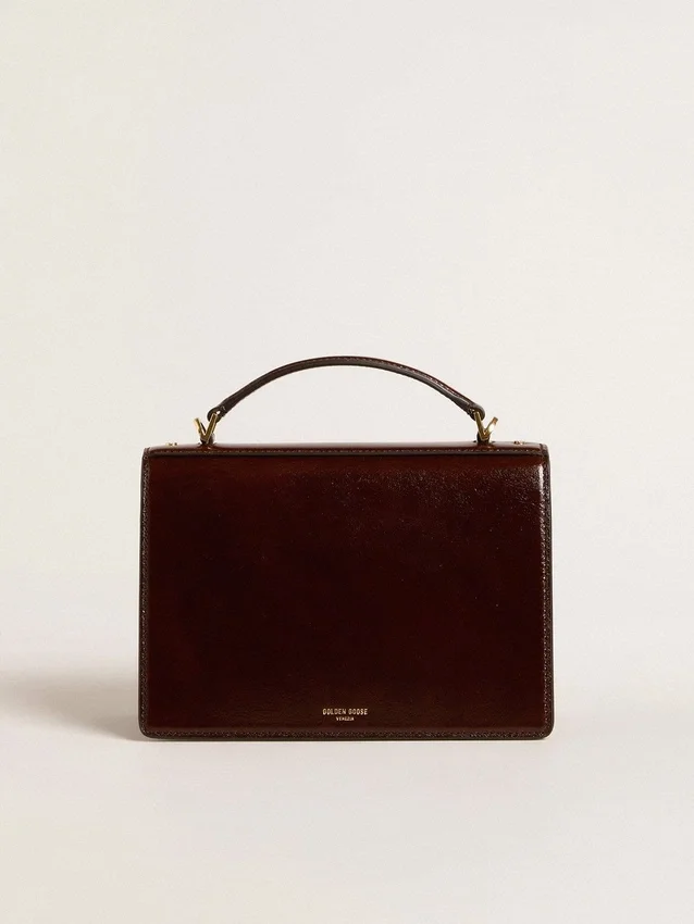 Borsa Venezia in pelle laminata marrone scuro con dettagli dorati