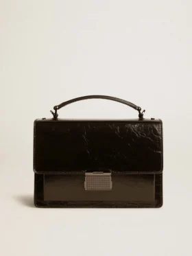Borsa Venezia in pelle metallizzata nera con dettagli neri