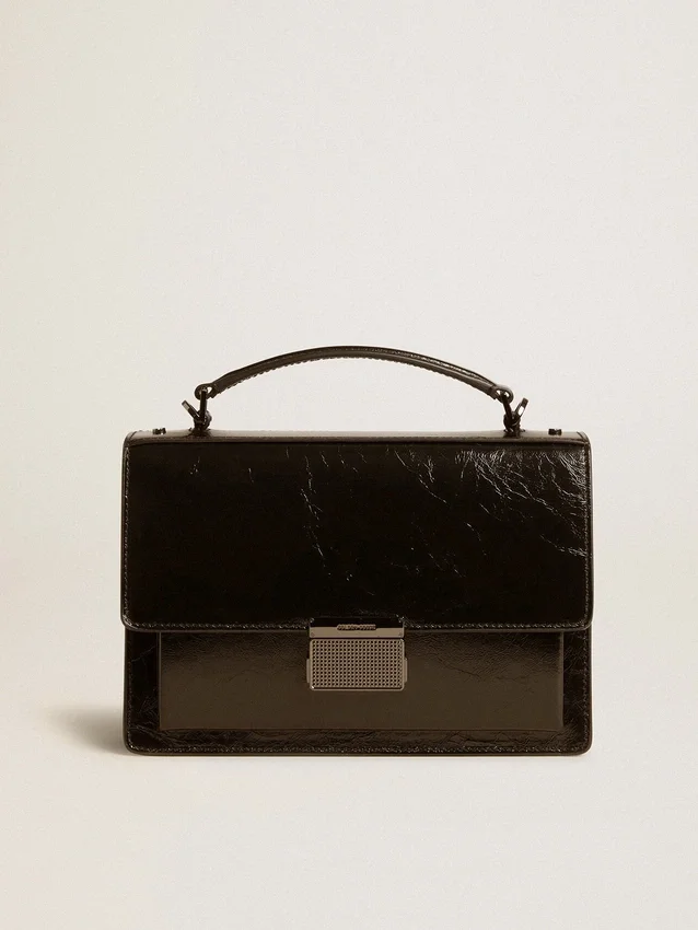 Borsa Venezia in pelle metallizzata nera con dettagli neri
