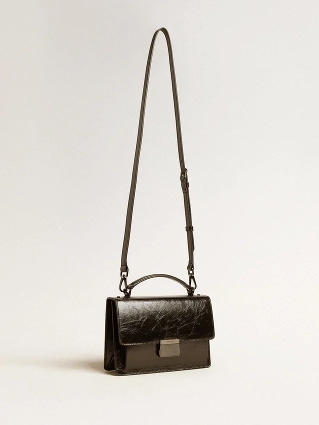 Borsa Venezia in pelle metallizzata nera con dettagli neri