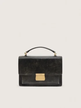Borsa Venezia in pelle nera invecchiata con dettagli dorati