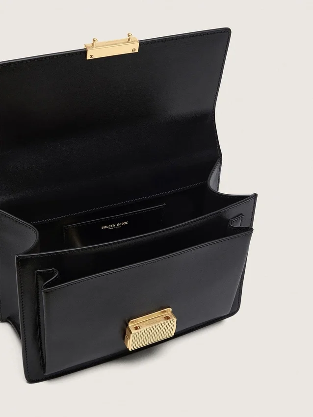 Borsa Venezia in pelle nera rigida con dettagli dorati