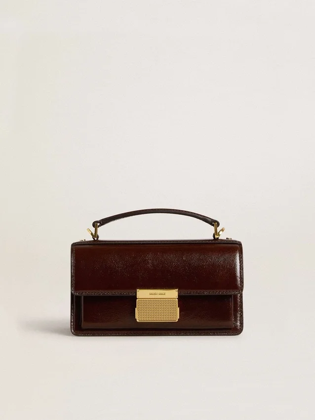 Borsa Venezia piccola in pelle laminata marrone scuro con dettagli dorati
