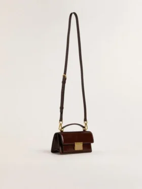 Borsa Venezia piccola in pelle laminata marrone scuro con dettagli dorati