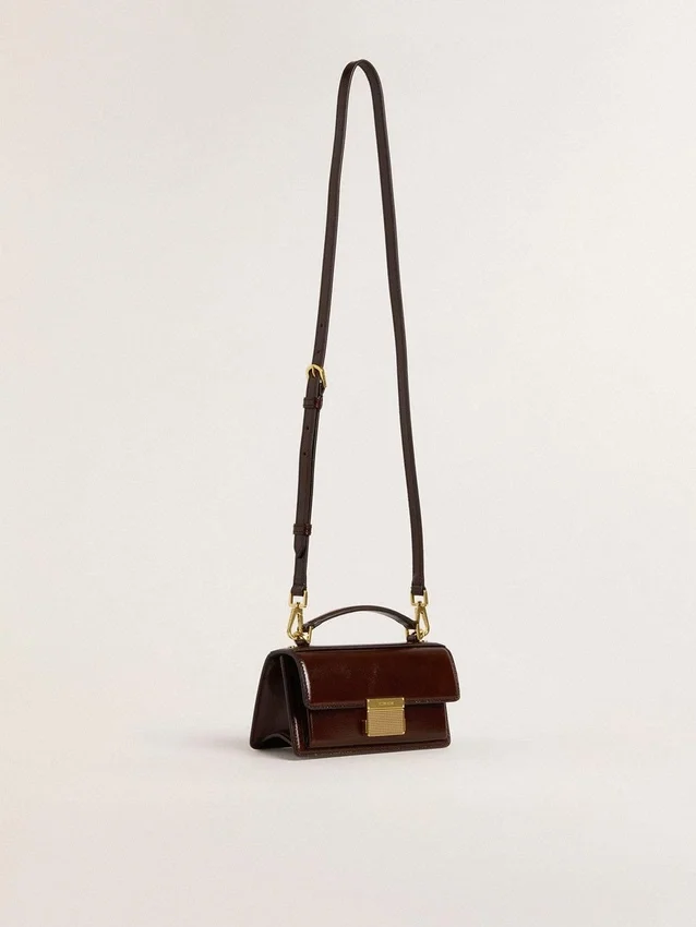 Borsa Venezia piccola in pelle laminata marrone scuro con dettagli dorati