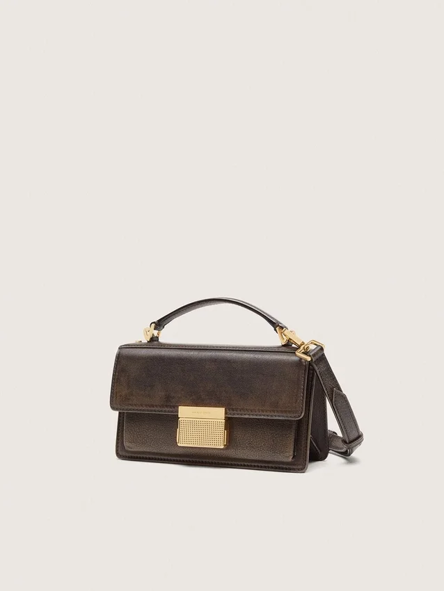 Borsa Venezia piccola in pelle marrone scuro con fibbia dorata