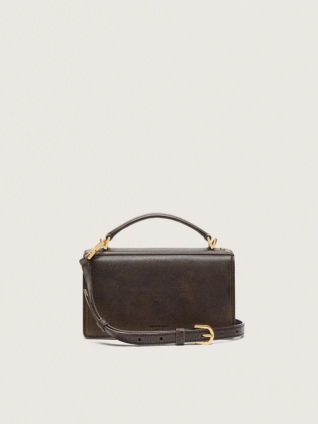 Borsa Venezia piccola in pelle marrone scuro con fibbia dorata