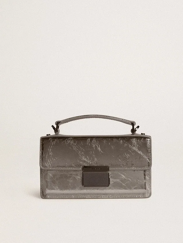 Borsa Venezia piccola in pelle metallizzata grigio antracite con dettagli neri