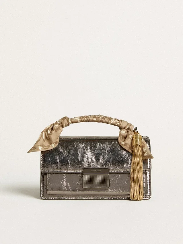 Borsa Venezia piccola in pelle metallizzata grigio antracite con dettagli neri