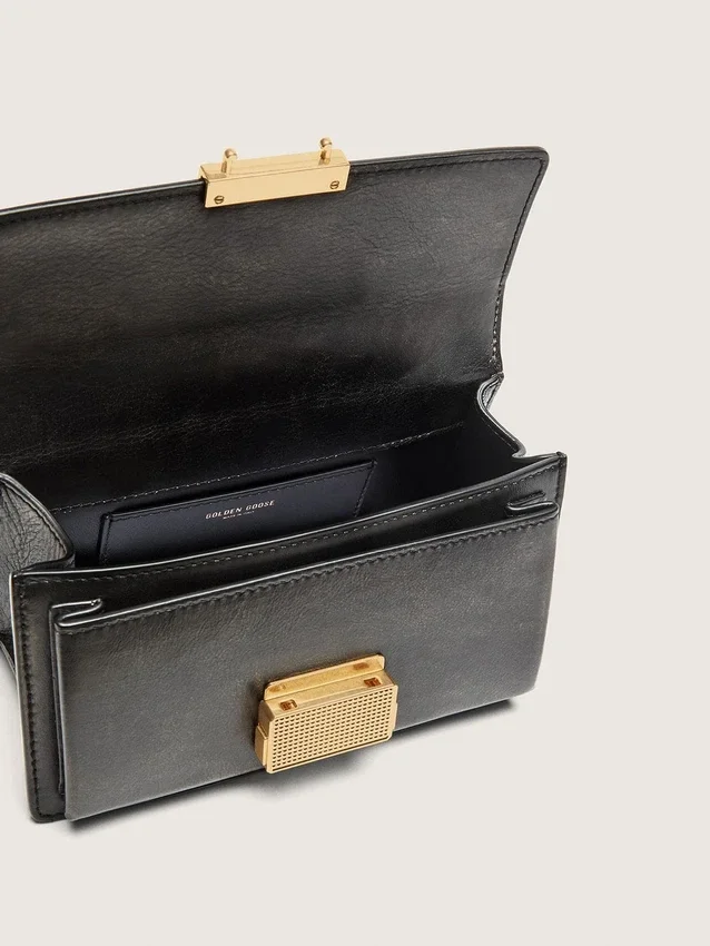 Borsa Venezia piccola in pelle nera invecchiata con dettagli dorati