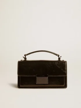 Borsa Venezia piccola in pelle nera metallizzata con dettagli neri