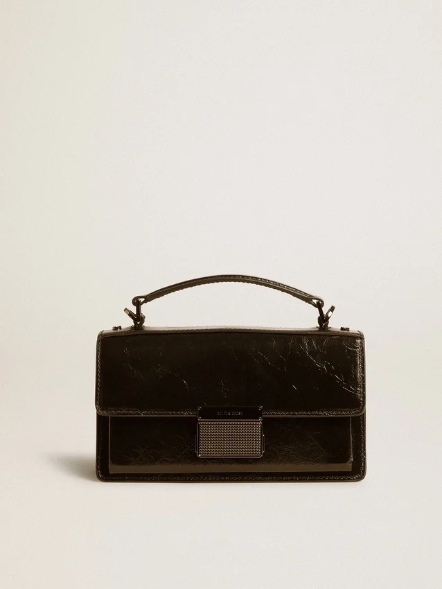 Borsa Venezia piccola in pelle nera metallizzata con dettagli neri