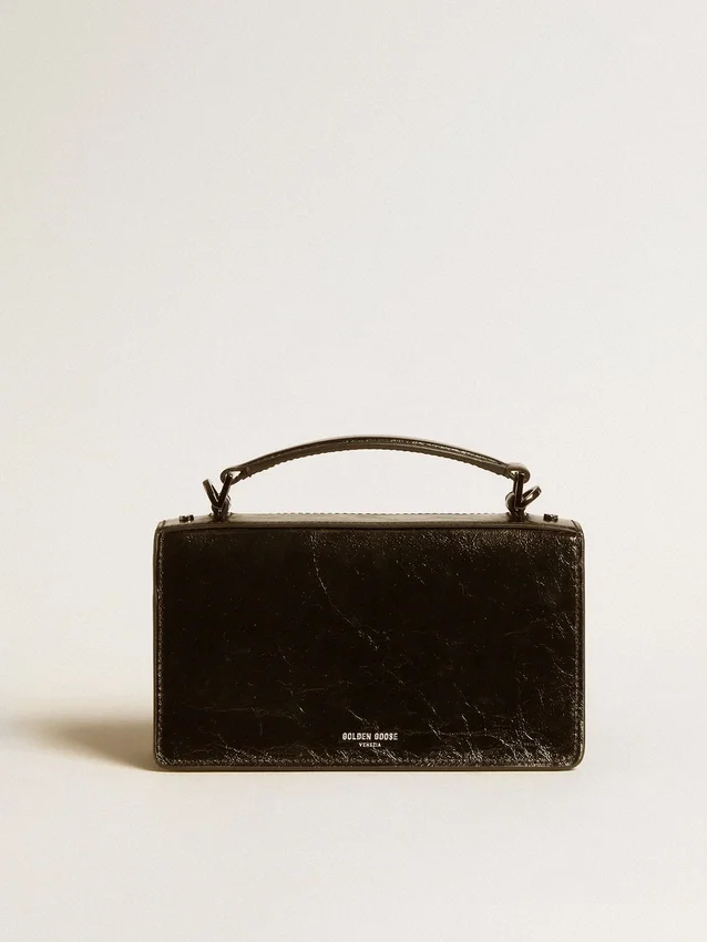 Borsa Venezia piccola in pelle nera metallizzata con dettagli neri