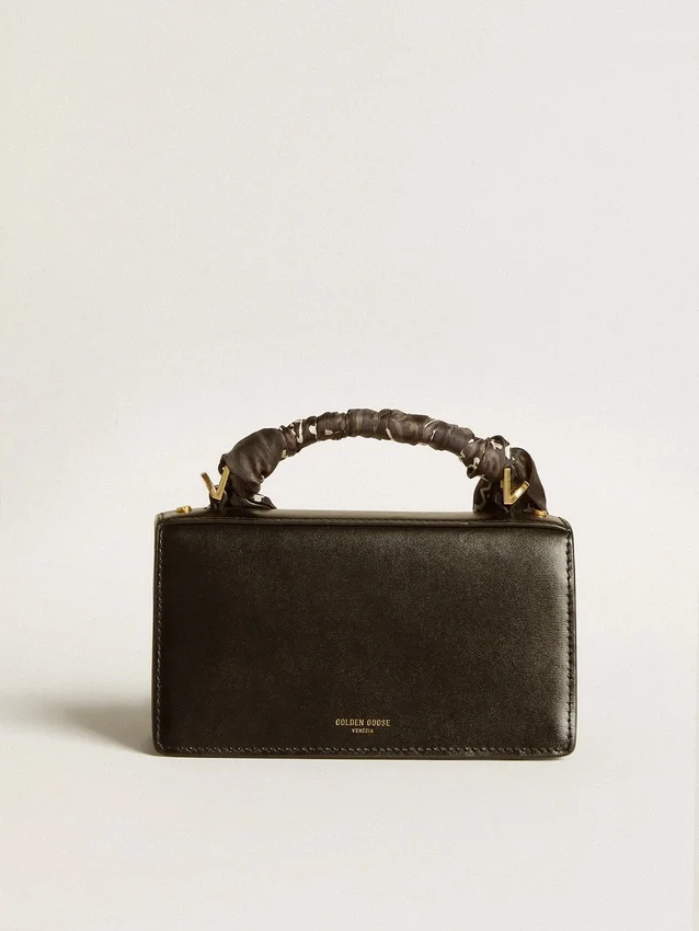 Borsa Venezia piccola in pelle nera rigata con foulard in seta
