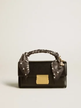 Borsa Venezia piccola in pelle nera rigata con foulard in seta e ciondolo