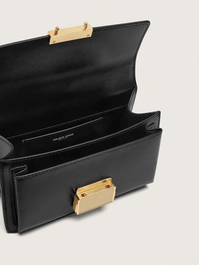 Borsa Venezia piccola in pelle nera rigida con dettagli dorati