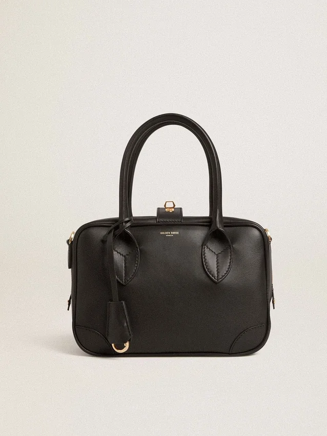 Borsa Vita in pelle liscia nera con dettagli dorati