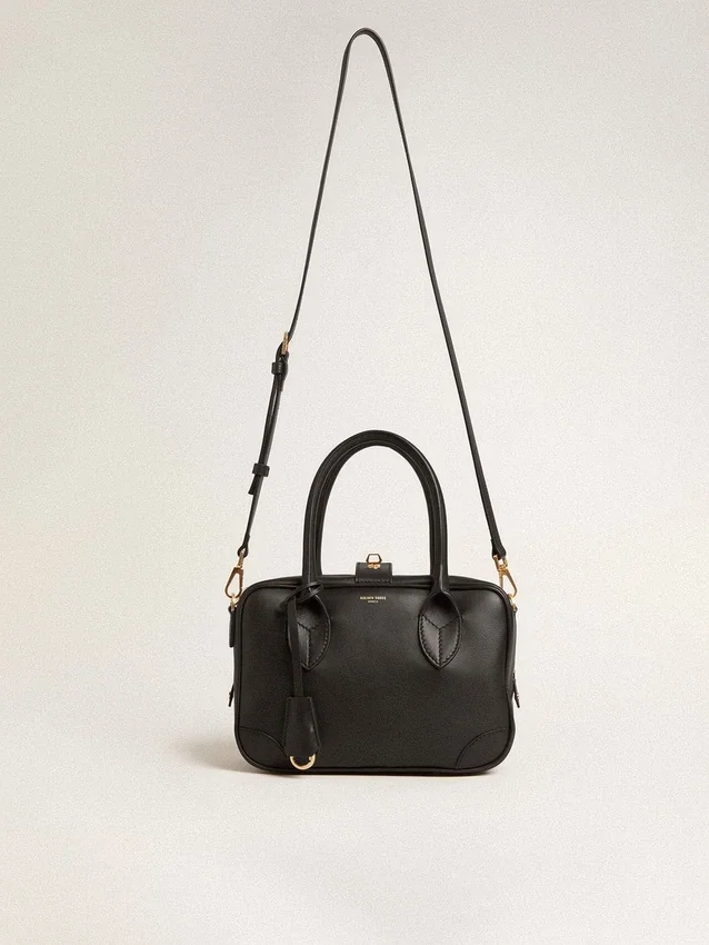 Borsa Vita in pelle liscia nera con dettagli dorati
