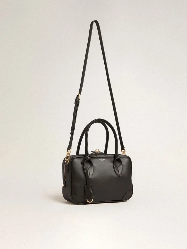 Borsa Vita in pelle liscia nera con dettagli dorati