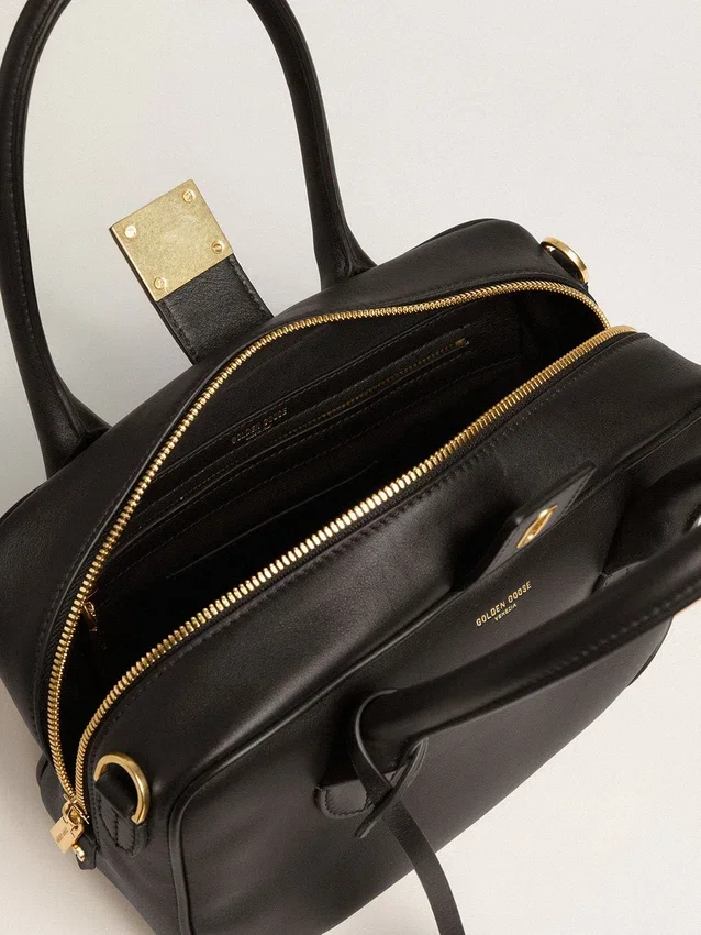 Borsa Vita in pelle liscia nera con dettagli dorati